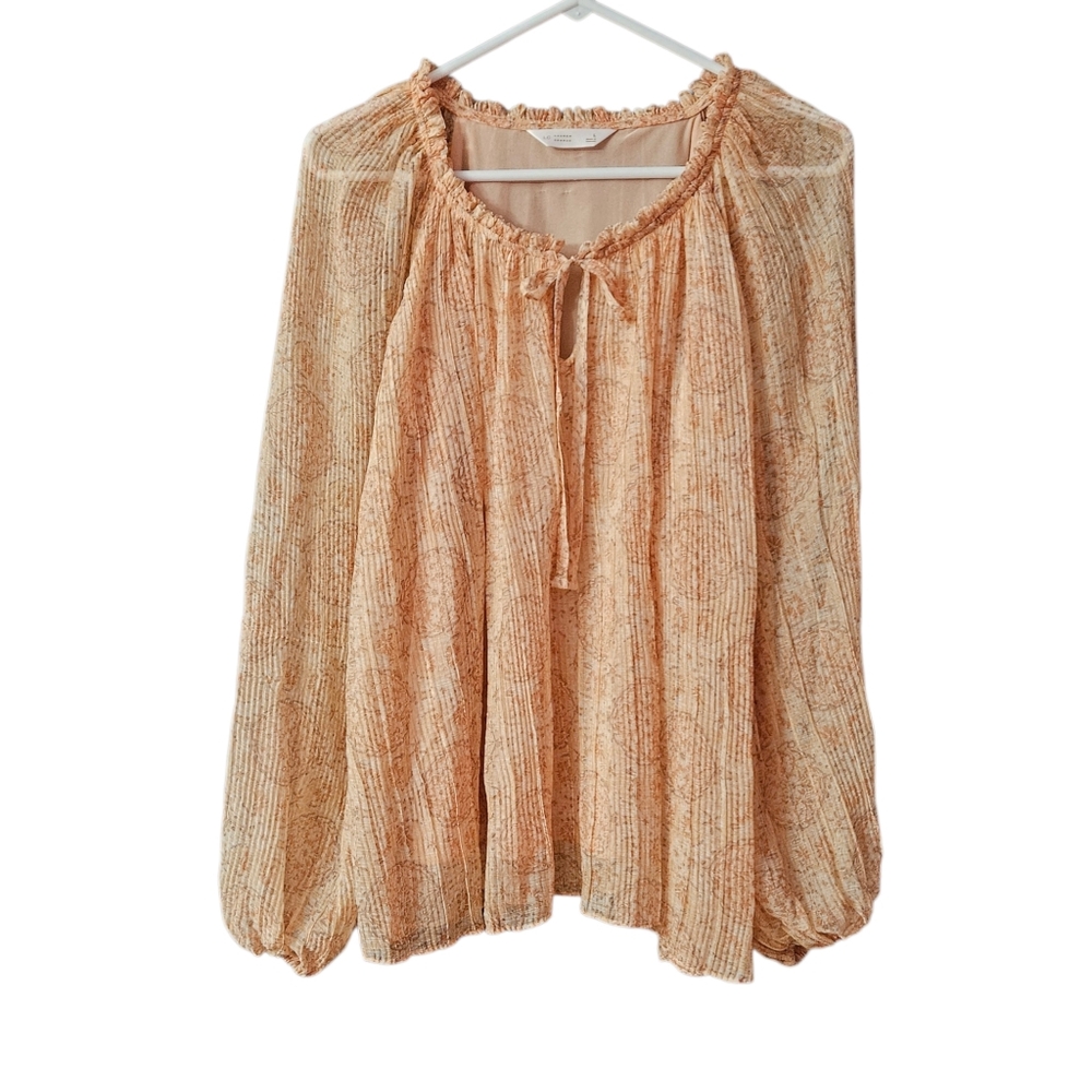 LC Lauren Conrad Tie Front Peasant Top Women's Large Puff Sleeves Flowy Peach